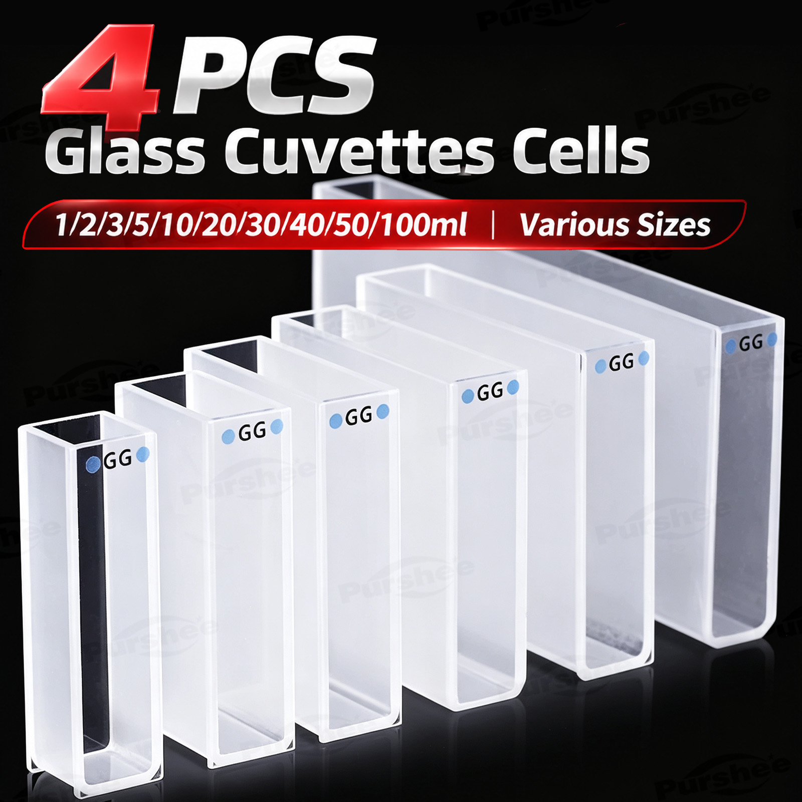 Lab Equipment - 4 Cuvette in Vetro 1/2/3/5/10/20/30/40/50/100ml Varie
